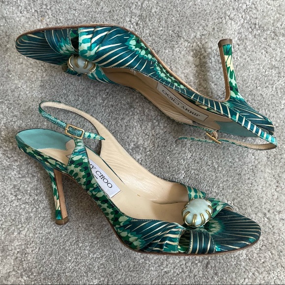 Jimmy Choo Shoes - Jimmy Choo Green Printed Etan Stone Silk Peacock Slingback High Heel Size 37.5